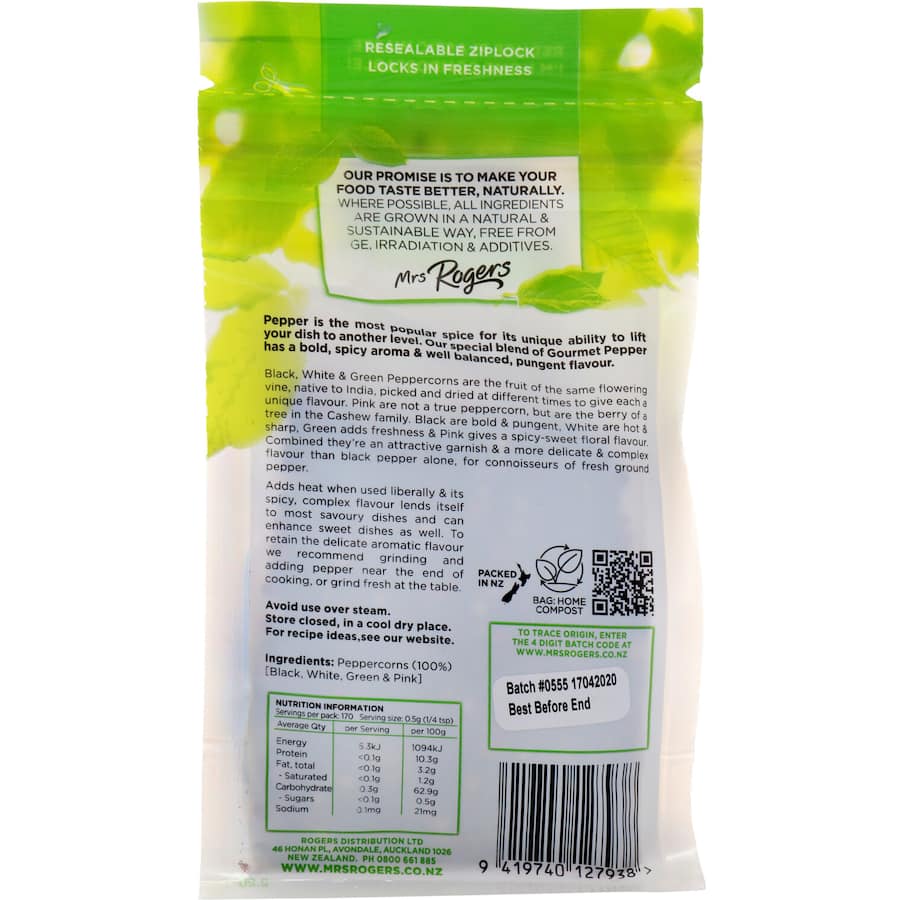 Mrs Rogers Naturals Peppercorns Gourmet Resealable pouch 170g
