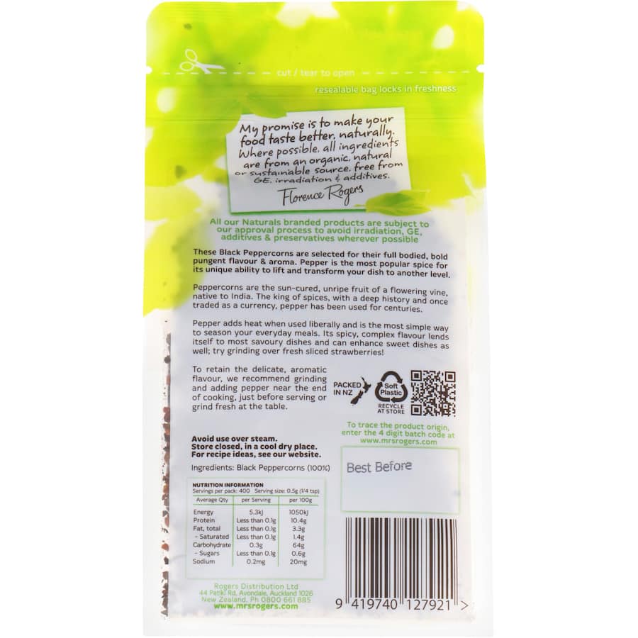 Mrs Rogers Naturals Peppercorns Black Resealable pouch 200g