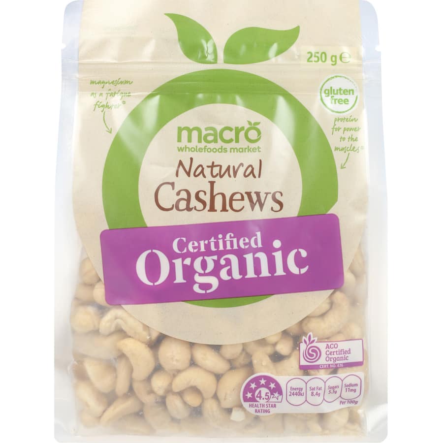 Macro Organic Natural Cashews Raw 250g