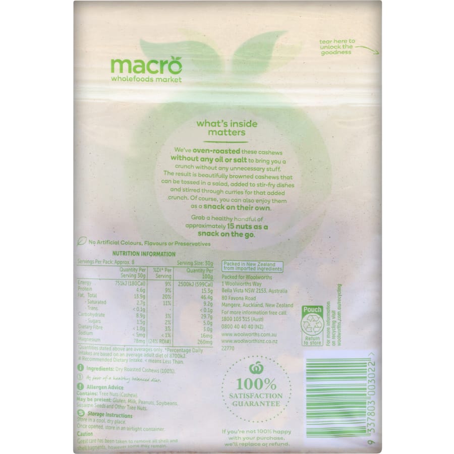 Macro Cashews Dry Roasted 250g