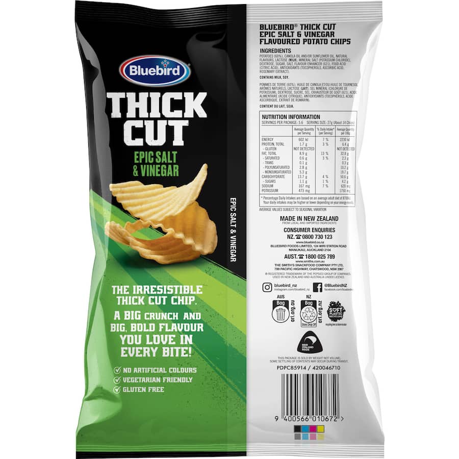 Bluebird Thick Cut Potato Chips Salt & Vinegar 150g