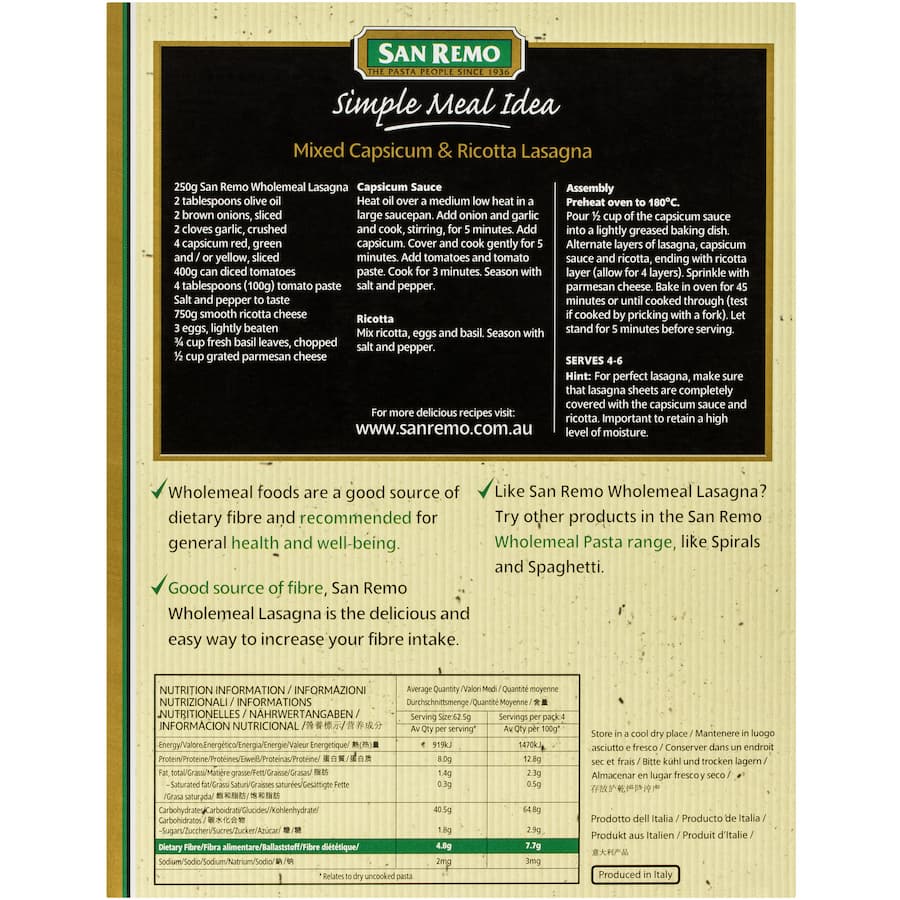 San Remo Pasta Lasagne Sheets Wholemeal 250g