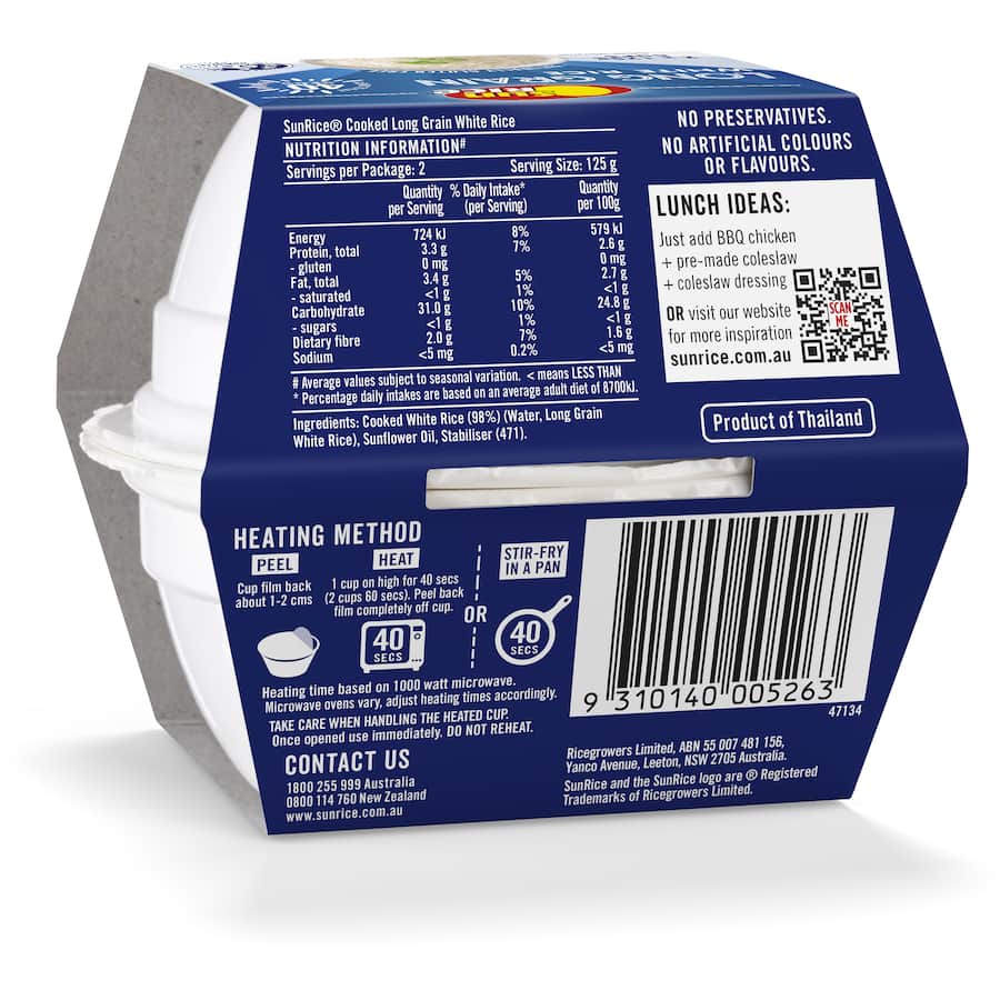 Sunrice Microwave White Long Grain Rice Cup 2 pack 125g
