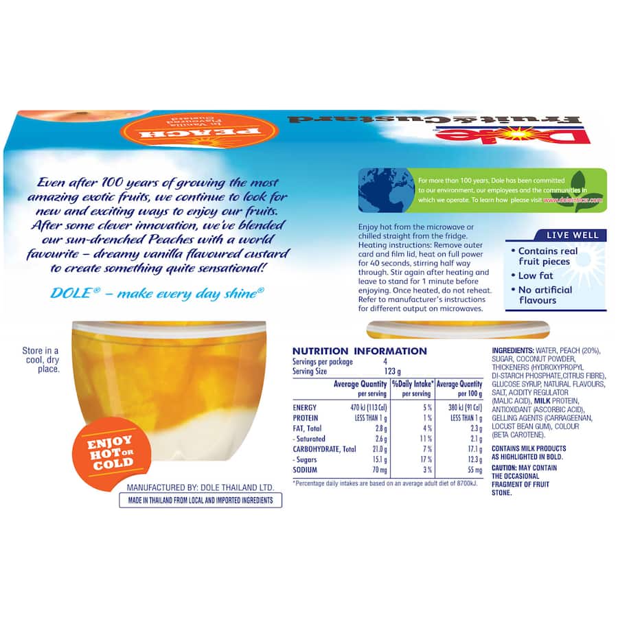 Dole Fruit & Custard Fruit Snack Custard & Peach 492g 123g pottles 4pack