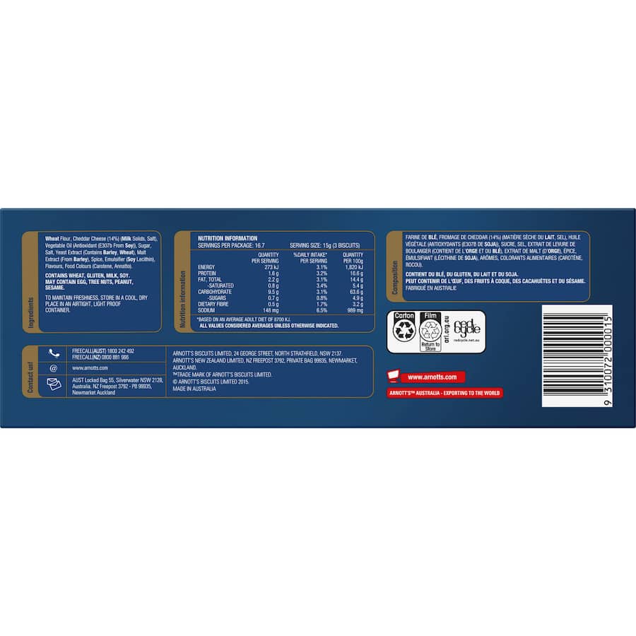 Arnotts Crackers Country Cheese Pkt 250g