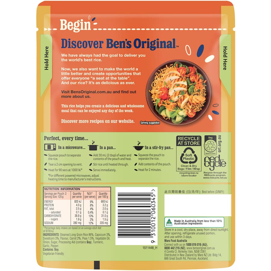 Bens Original Microwave Rice Golden Vegetables Pouch 250g