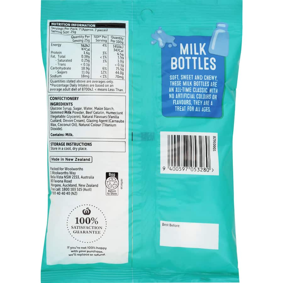 Woolworths Lollies Milk Bottles 180g