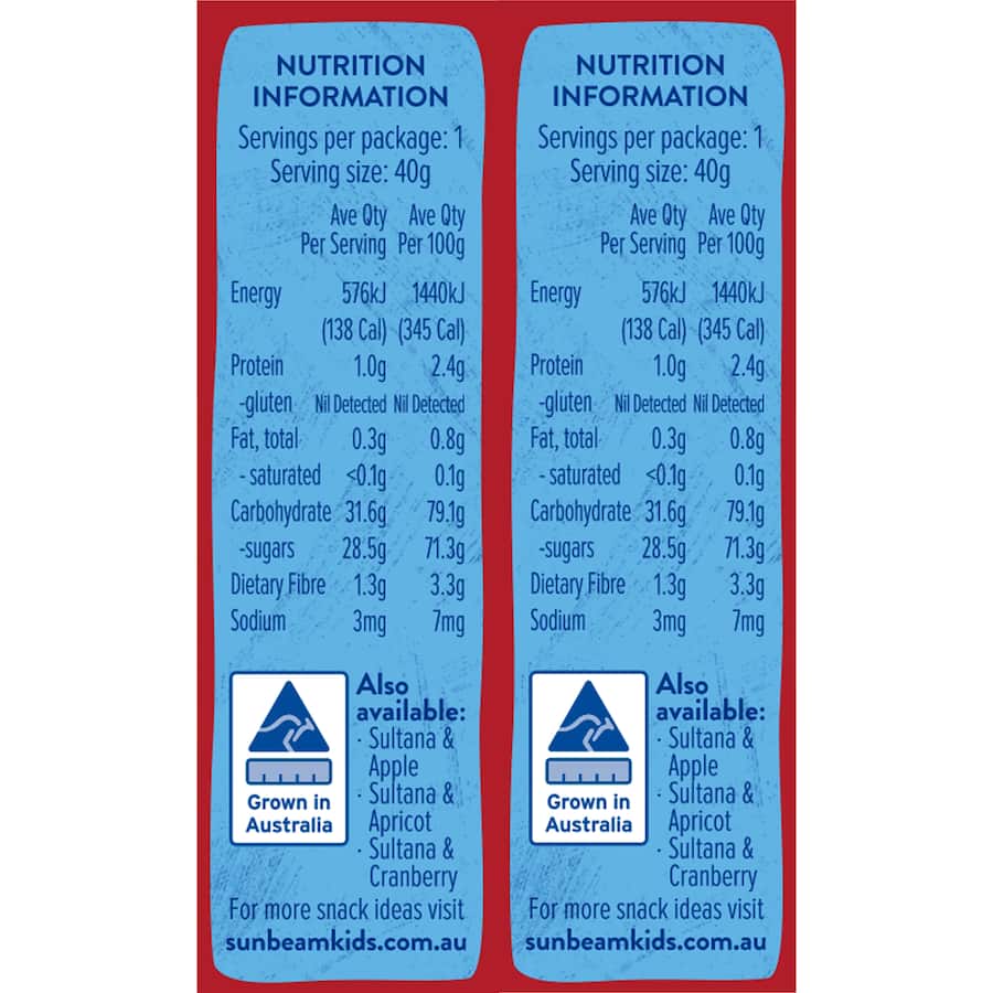 Sunbeam Fruit Snack Sultanas 240g 40g boxes 6 x 40g