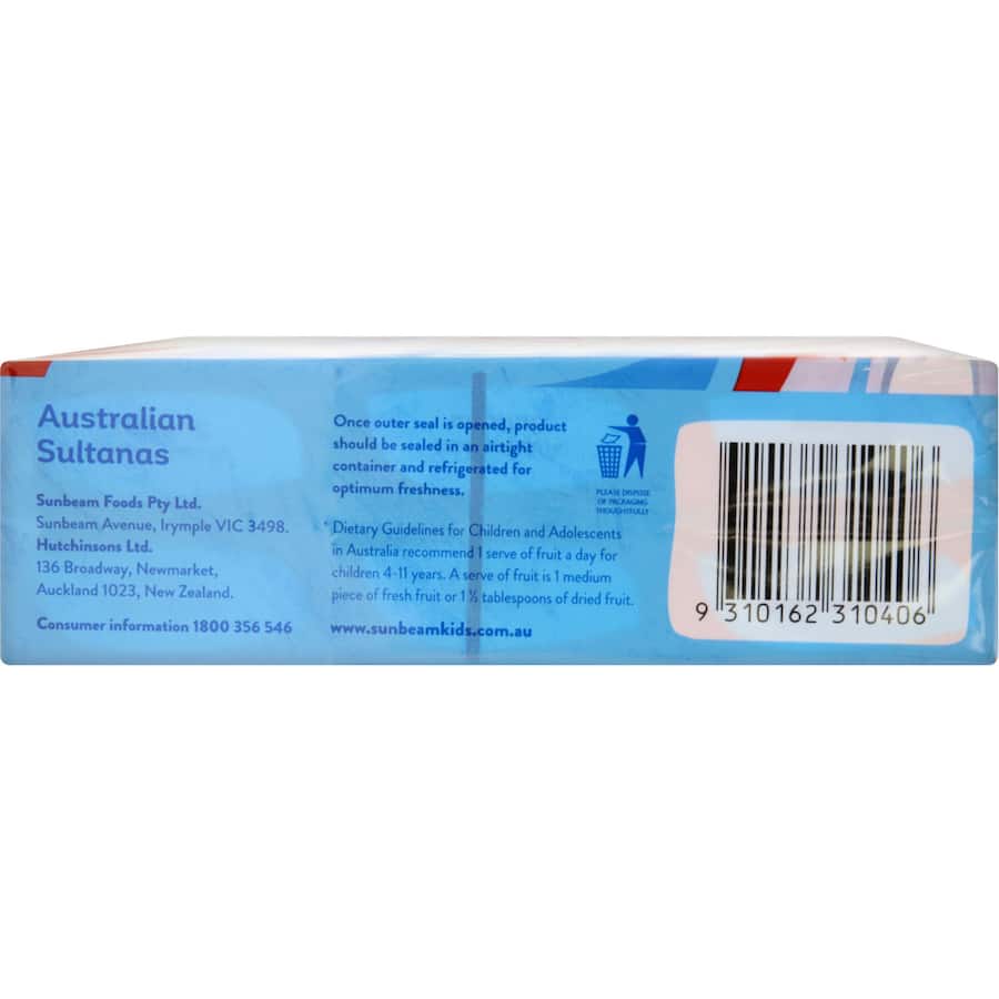 Sunbeam Fruit Snack Sultanas 240g 40g boxes 6 x 40g