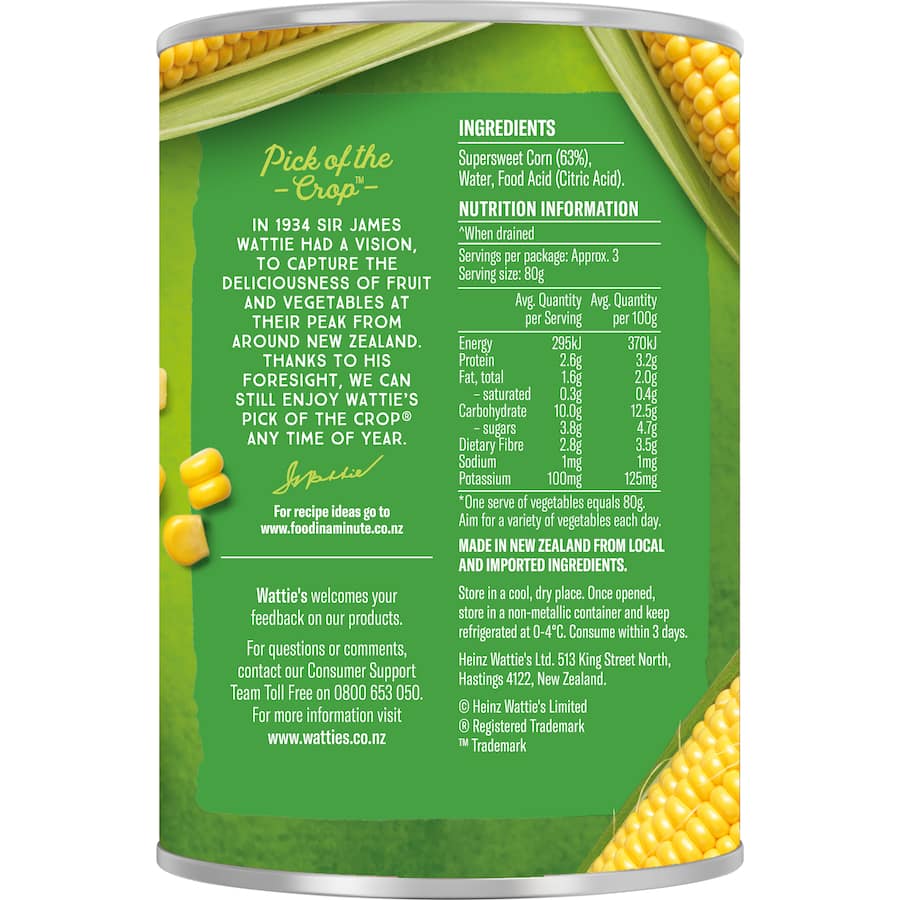 Watties Corn Whole Kernel No Added Salt Or Sugar Can 410g