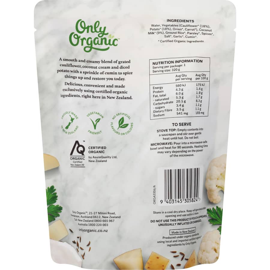Only Organic Restore Soup Cauliflower Potato & Cumin Pouch 320g
