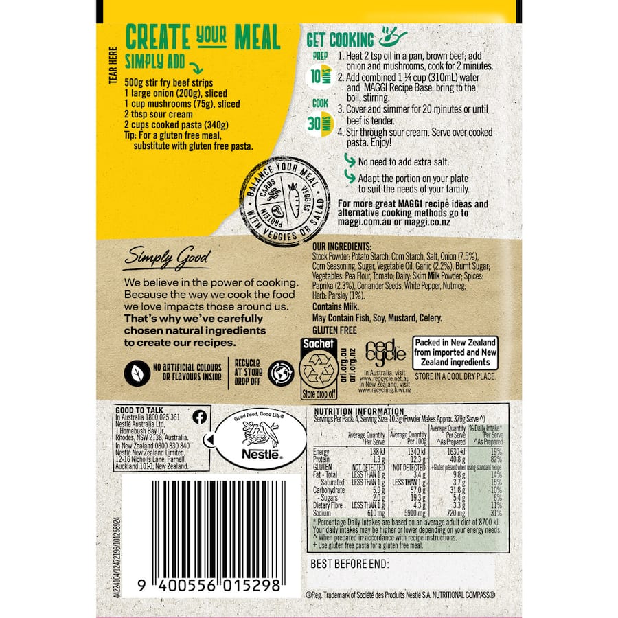 Maggi Recipe Base Beef Stroganoff Gluten Free Sachet 41g