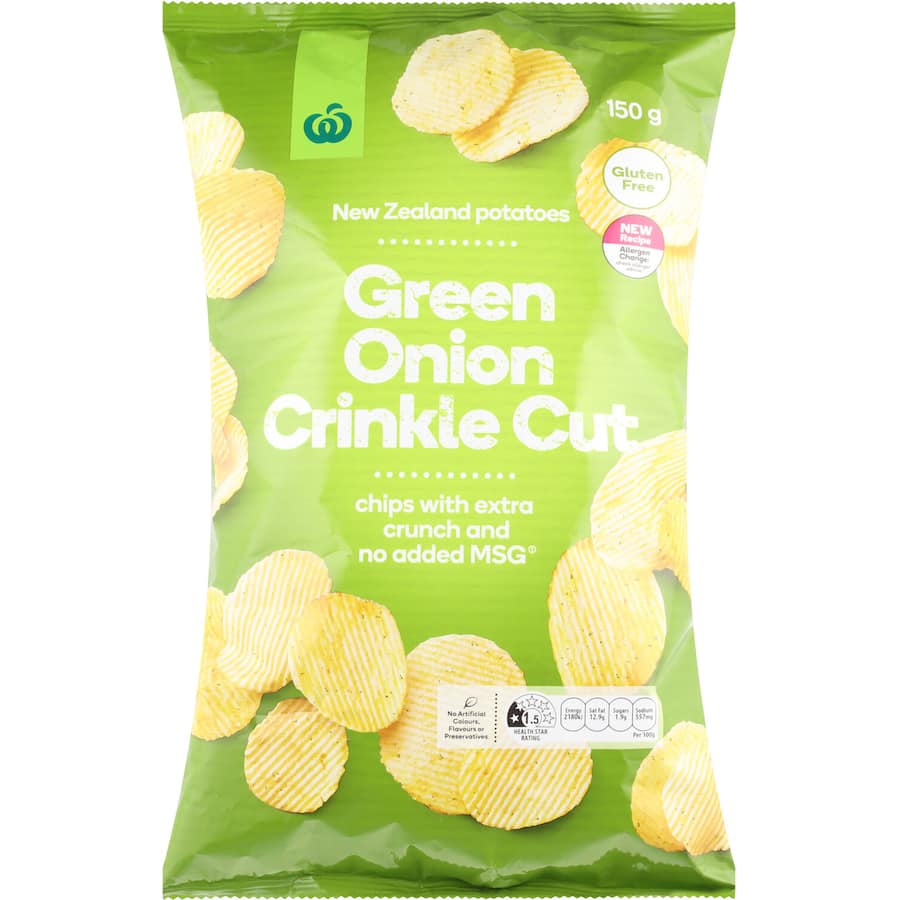Woolworths Chips Green Onion Crinkle Cut 150g