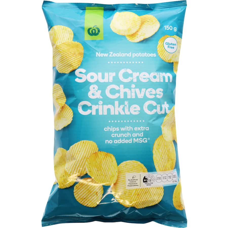 Woolworths Chips Sour Cream Chives Crinkle Cut 150g