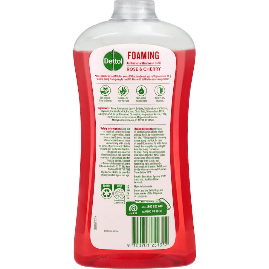 Dettol Foaming Hand Wash Rose & Cherry Refill 900mL
