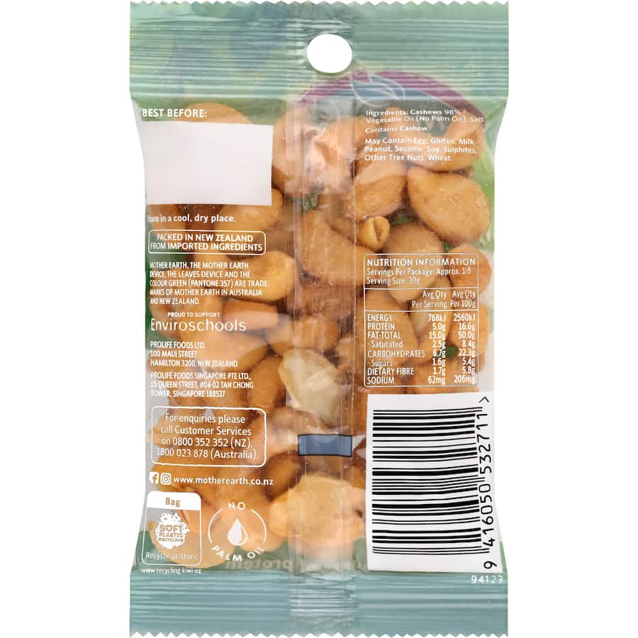 Mother Earth Batch Roasted Cashews Lightly Salted 50g