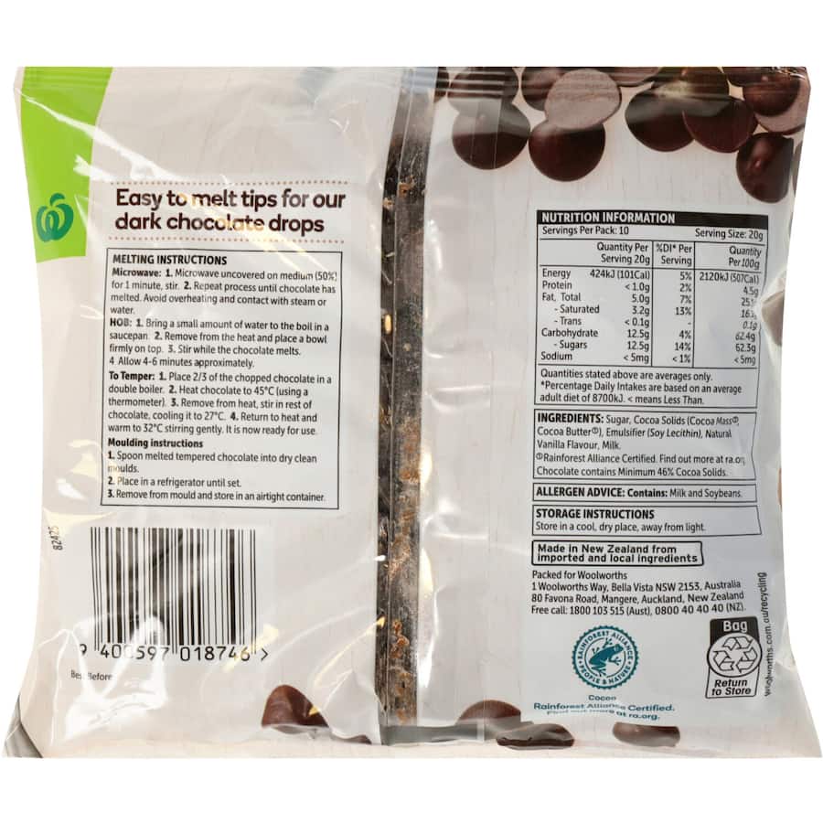 Woolworths Chocolate Drops Dark 200g