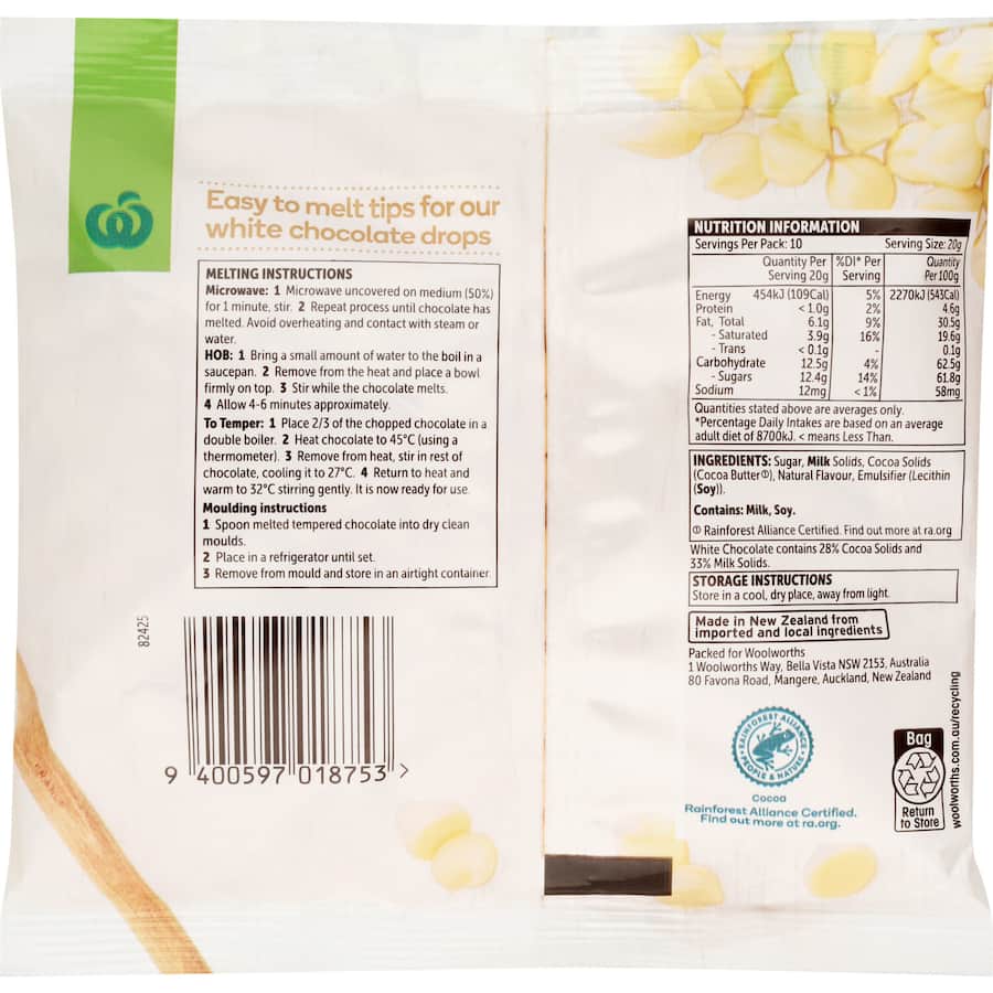 Woolworths Chocolate Baking White Drops 200g