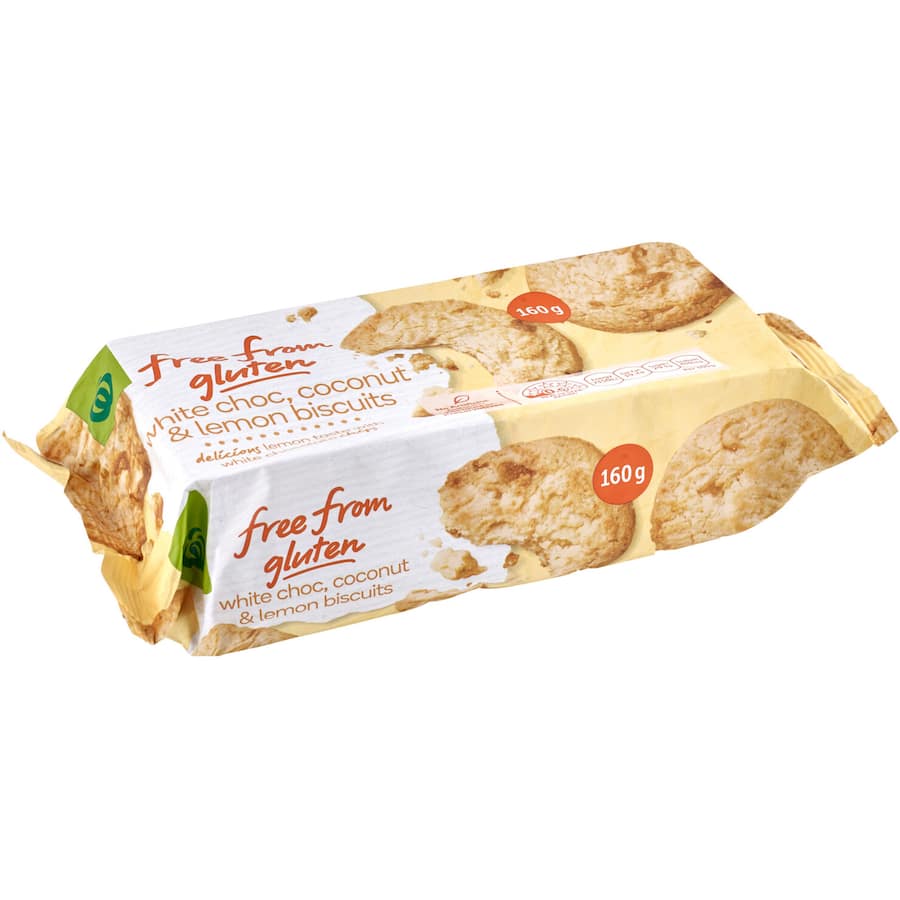 Woolworths Free From Gluten Biscuits Coconut Lemon & White Choc 160g