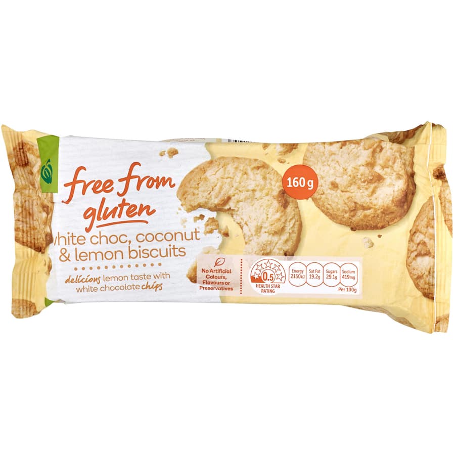 Woolworths Free From Gluten Biscuits Coconut Lemon & White Choc 160g
