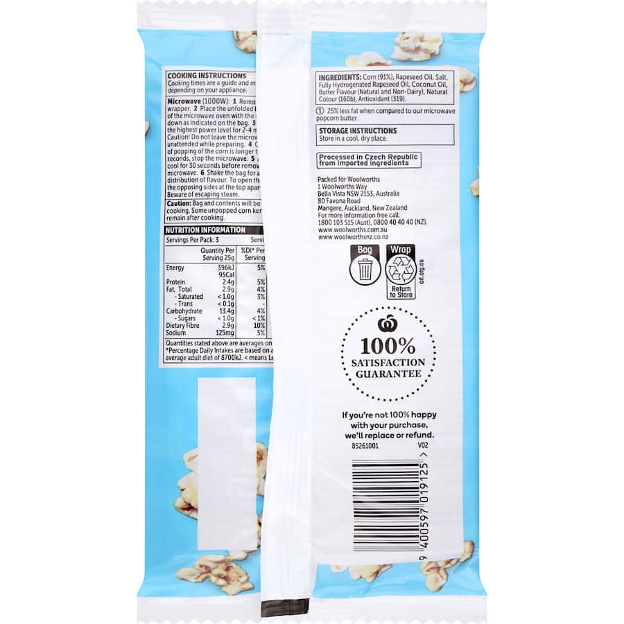 Woolworths Popcorn Microwave Light Butter 85g