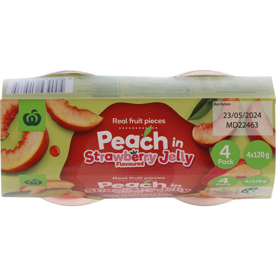 Woolworths Fruit Snack Peach In Strawberry Jelly 480g 120g pottles 4pack