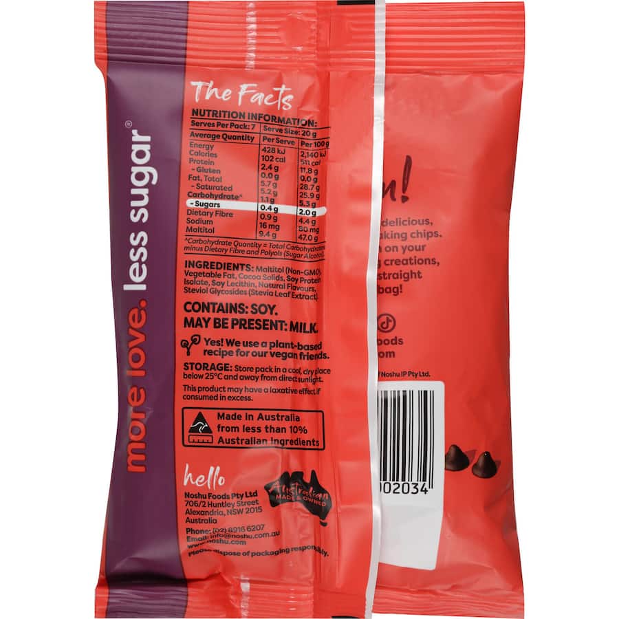 Noshu 97% Sugar Free Chocolate Chips Dark Baking Chips Bag 140g