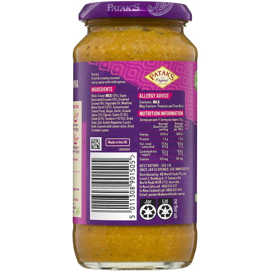 Pataks Recipe Base Korma Rich Creamy Coconut Mild Jar 450g