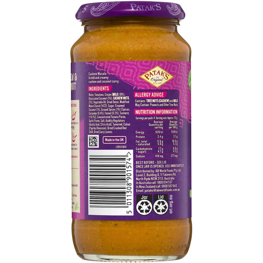 Pataks Recipe Base Cashew & Coconut Mild Jar 450g