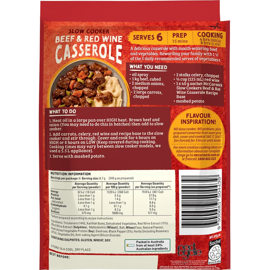 Mccormick Slow Cookers Recipe Base Beef & Red Wine 40g