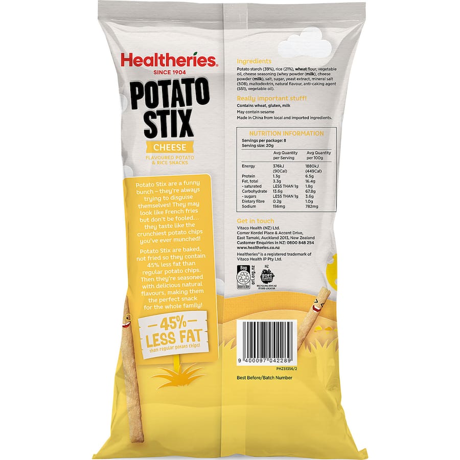 Healtheries Kidscare Potato Snack Stix Cheese 160g Multipack 8pack
