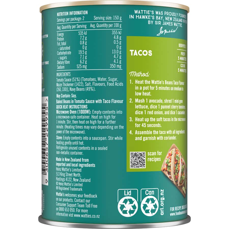Watties Beanz Baked Beans Taco Can 300g
