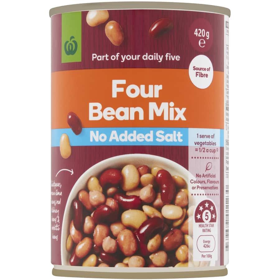 Woolworths Beans Four Bean Mix No Added Salt Can 420g