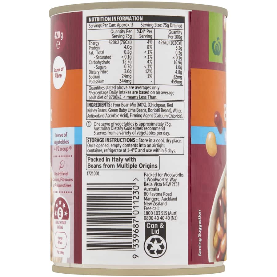 Woolworths Beans Four Bean Mix No Added Salt Can 420g