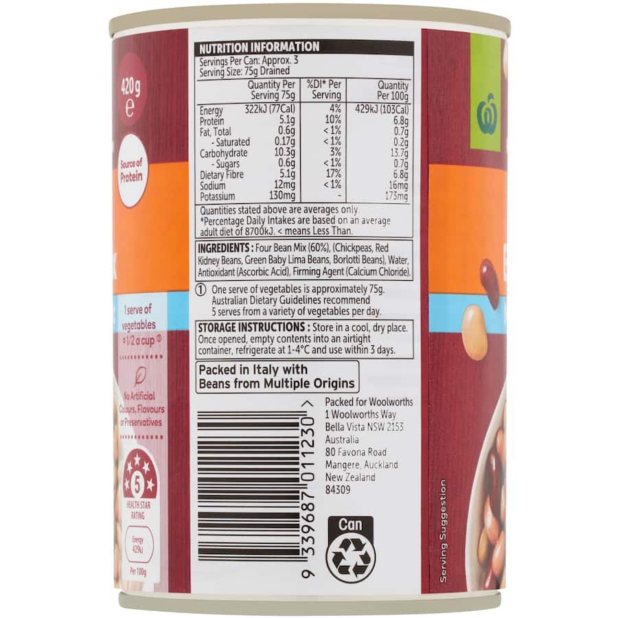 Woolworths Beans Four Bean Mix No Added Salt Can 420g