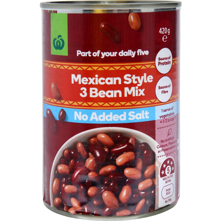 Woolworths Beans Mexican 3 Bean No Added Salt Can 420g