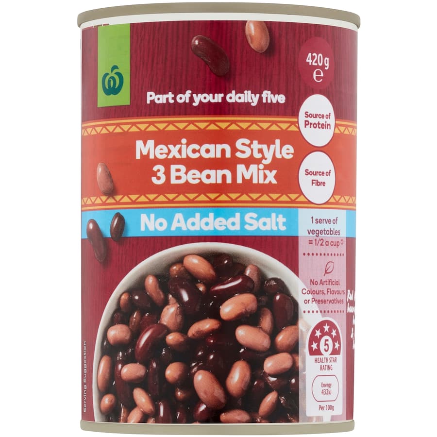 Woolworths Beans Mexican 3 Bean No Added Salt Can 420g