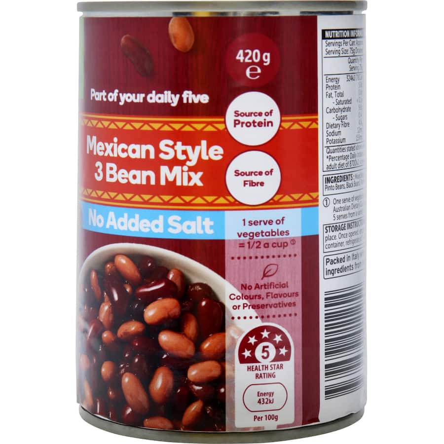 Woolworths Beans Mexican 3 Bean No Added Salt Can 420g