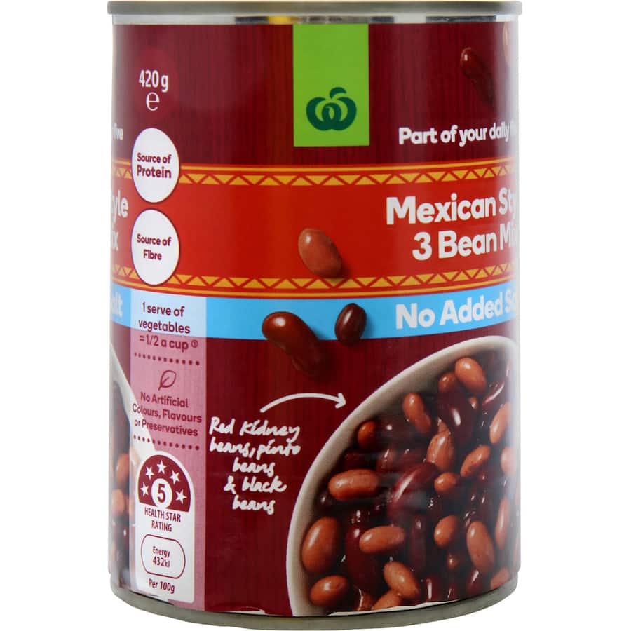 Woolworths Beans Mexican 3 Bean No Added Salt Can 420g
