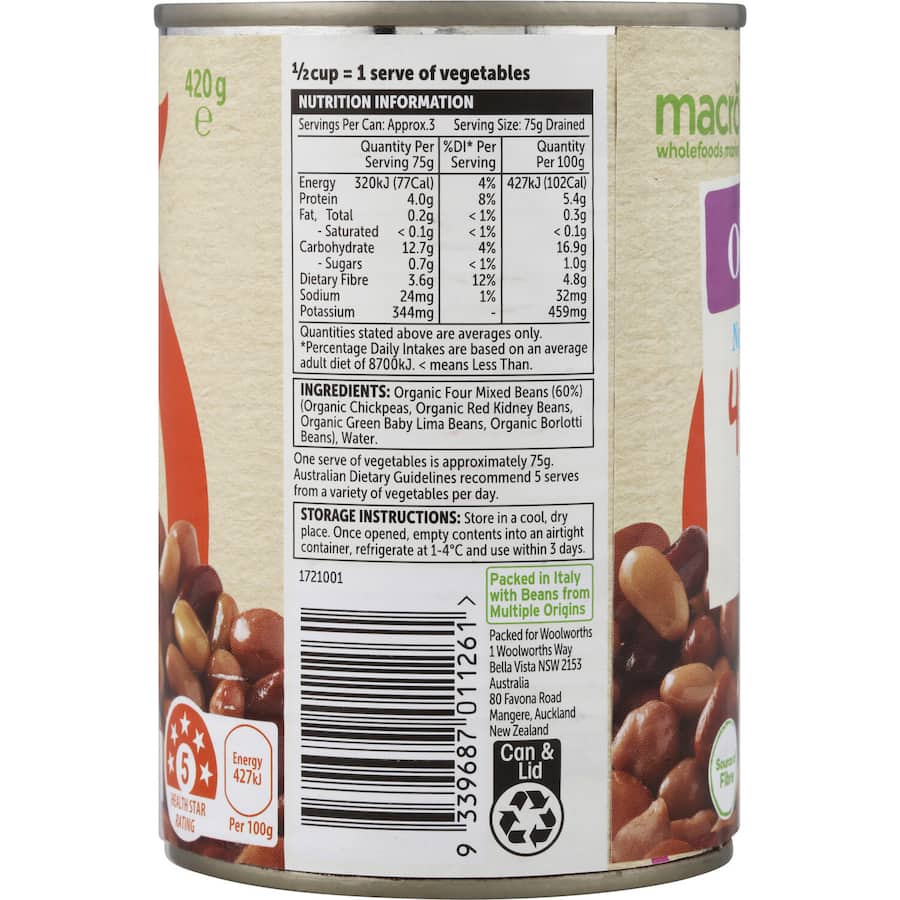 Macro Organic 4 Bean Mix No Added Salt Can 420g