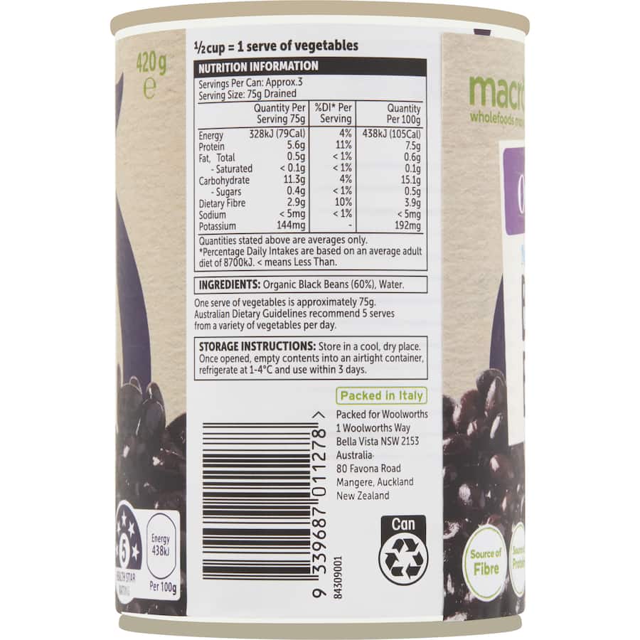 Macro Organic Black Beans No Added Salt Can 420g