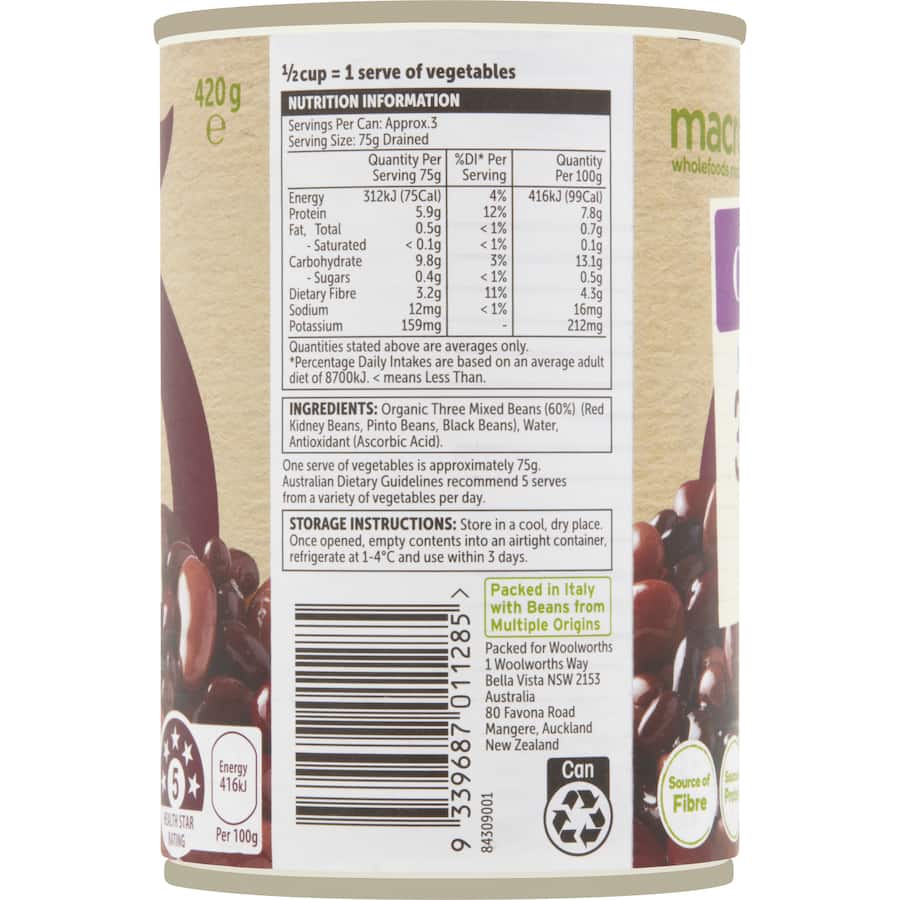 Macro Organic Beans 3 Mixed No Added Salt Can 420g