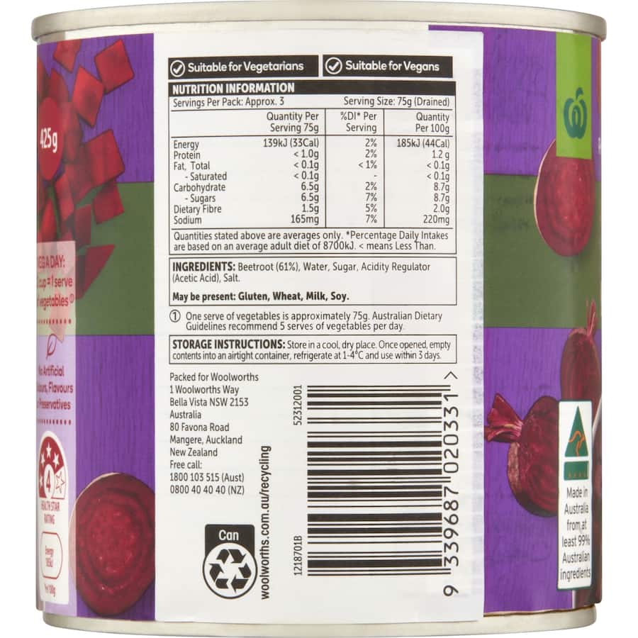 Woolworths Beetroot Diced 425g