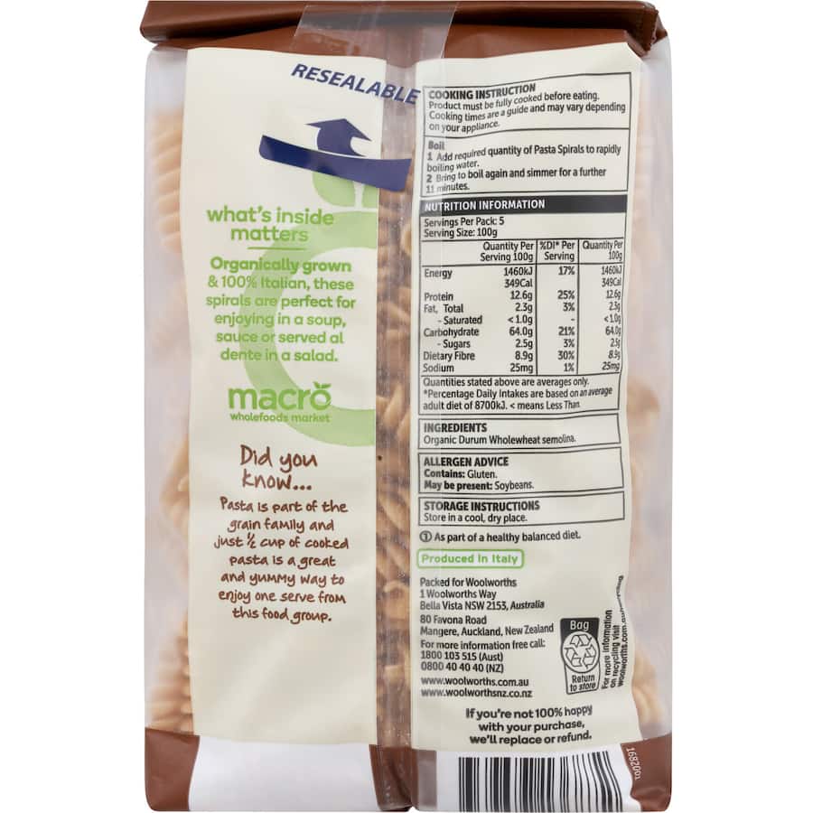 Macro Organic Pasta Spirals Wholemeal 500g
