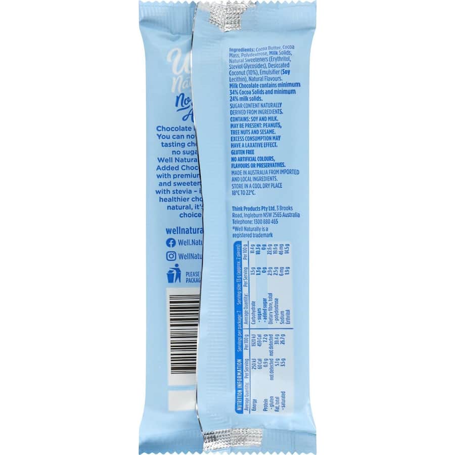 Well Naturally No Sugar Added Snack Bar Milk Chocolate Coconut Delight 90g
