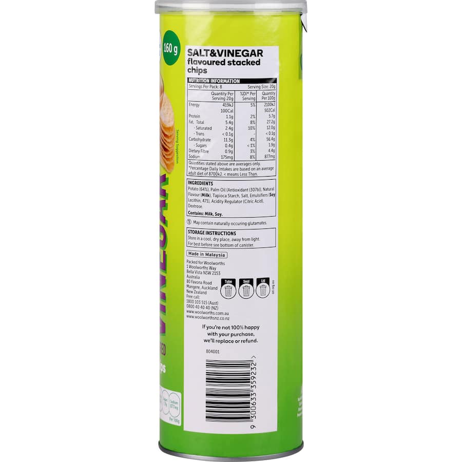 Woolworths Chips Salt & Vinegar Tube 160g