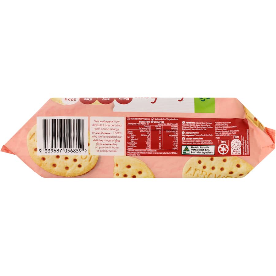 Woolworths Free From Gluten Plain Biscuits Arrowroot 205g