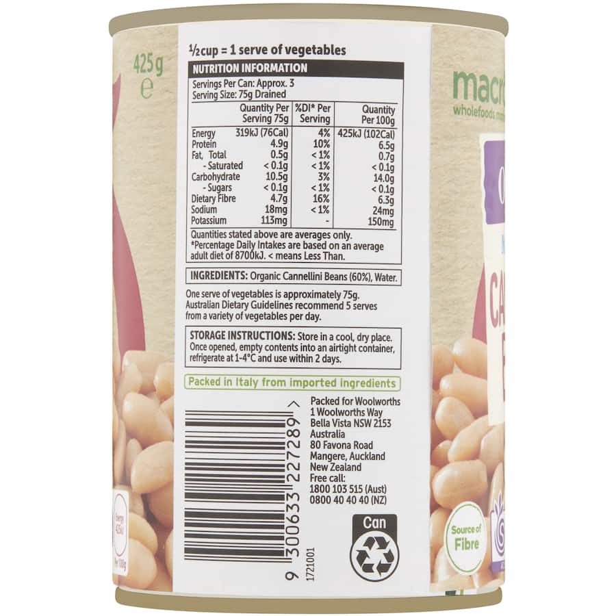 Macro Organic Cannellini Beans No Added Salt Can 425g