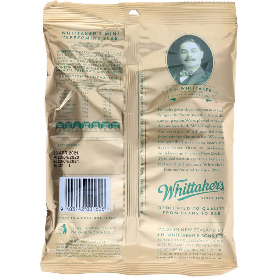 Whittakers Chocolate Sharepack Dark Peppermint Mini Slab 180g Bag 12pack