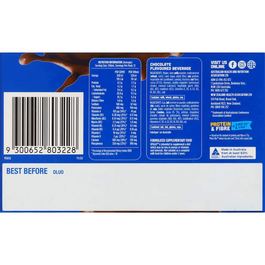 Sanitarium Up & Go Liquid Breakfast Chocolate Fridge Pk 12pk 250mL